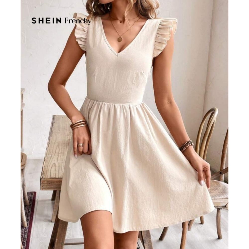 SHEIN Short Flare Sleeves Back Tie Waist A- Line Dress